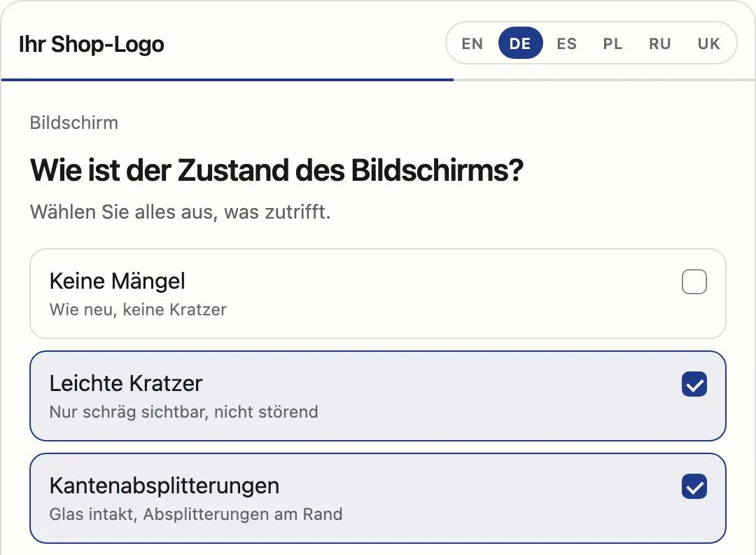Widget auf der Shop-Website: Frage zum Zustand des Displays