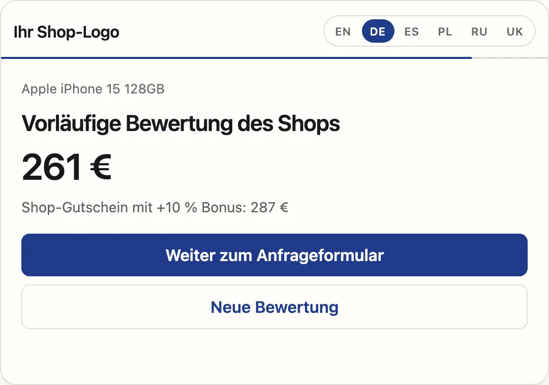 Widget mit der vorläufigen Bewertung für iPhone 15 128 GB
