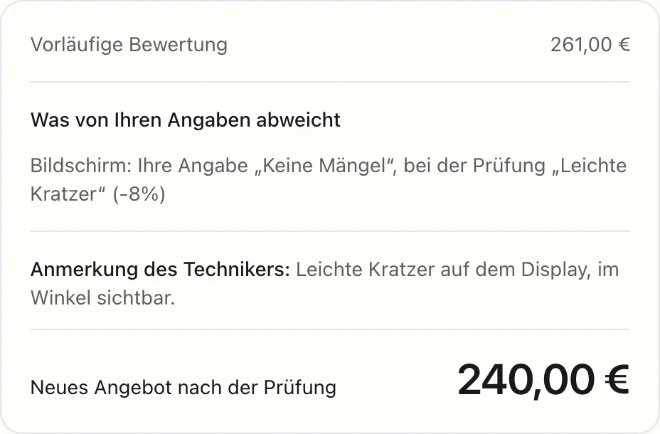Seite mit dem neuen Angebot, die der Kunde nach der Prüfung erhält