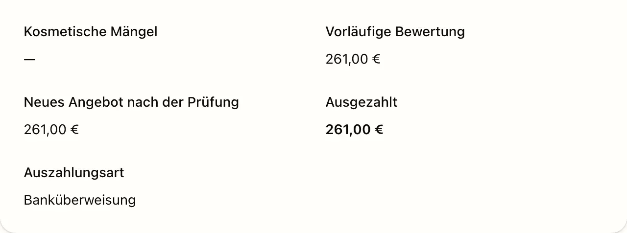 Anfrage im Workspace: Bewertung, ausgezahlter Betrag und Auszahlungsart