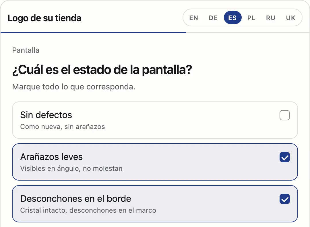 Widget en la web de la tienda: pregunta sobre el estado de la pantalla