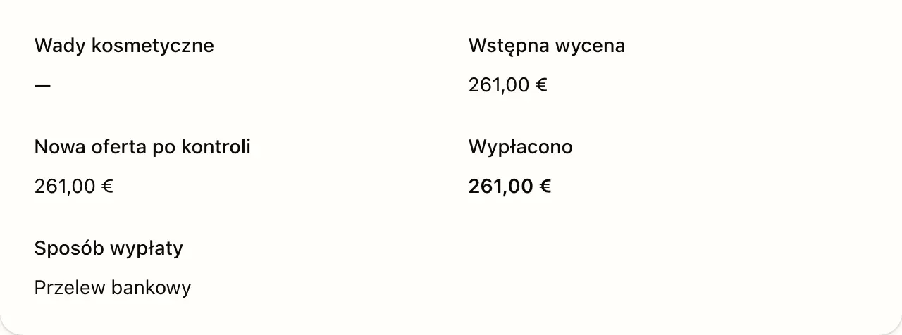 Zgłoszenie w panelu: wycena, wypłacona kwota i sposób wypłaty