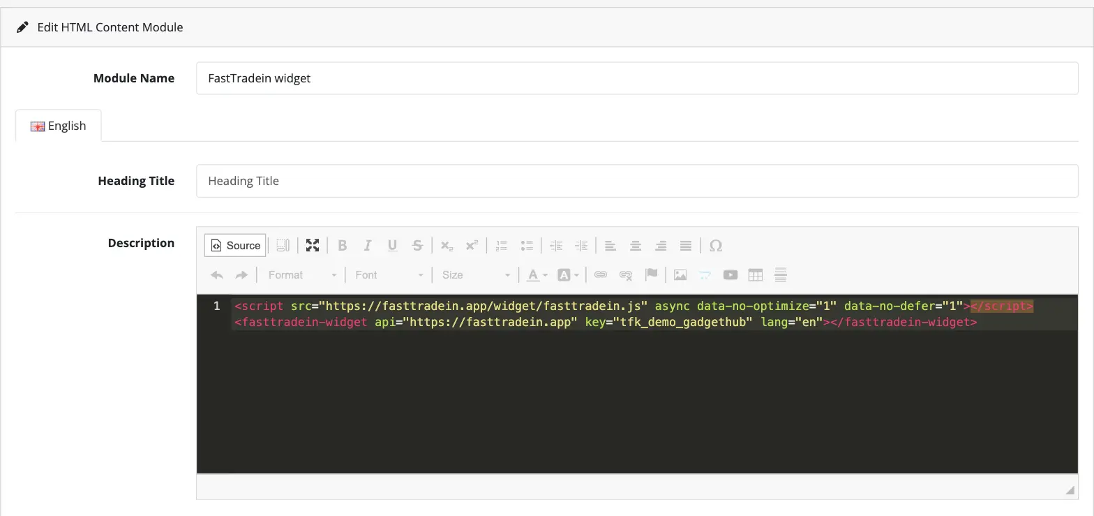 HTML Content module form in OpenCart 4, the Description field in Source mode with the FastTradein widget code