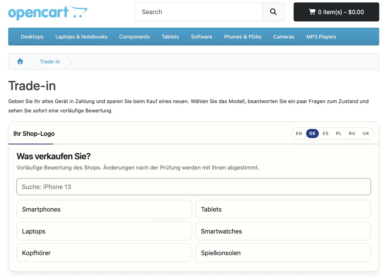 FastTradein-Widget auf der veröffentlichten Trade-in-Seite eines OpenCart-Testshops, erster Schritt „Was verkaufen Sie?“
