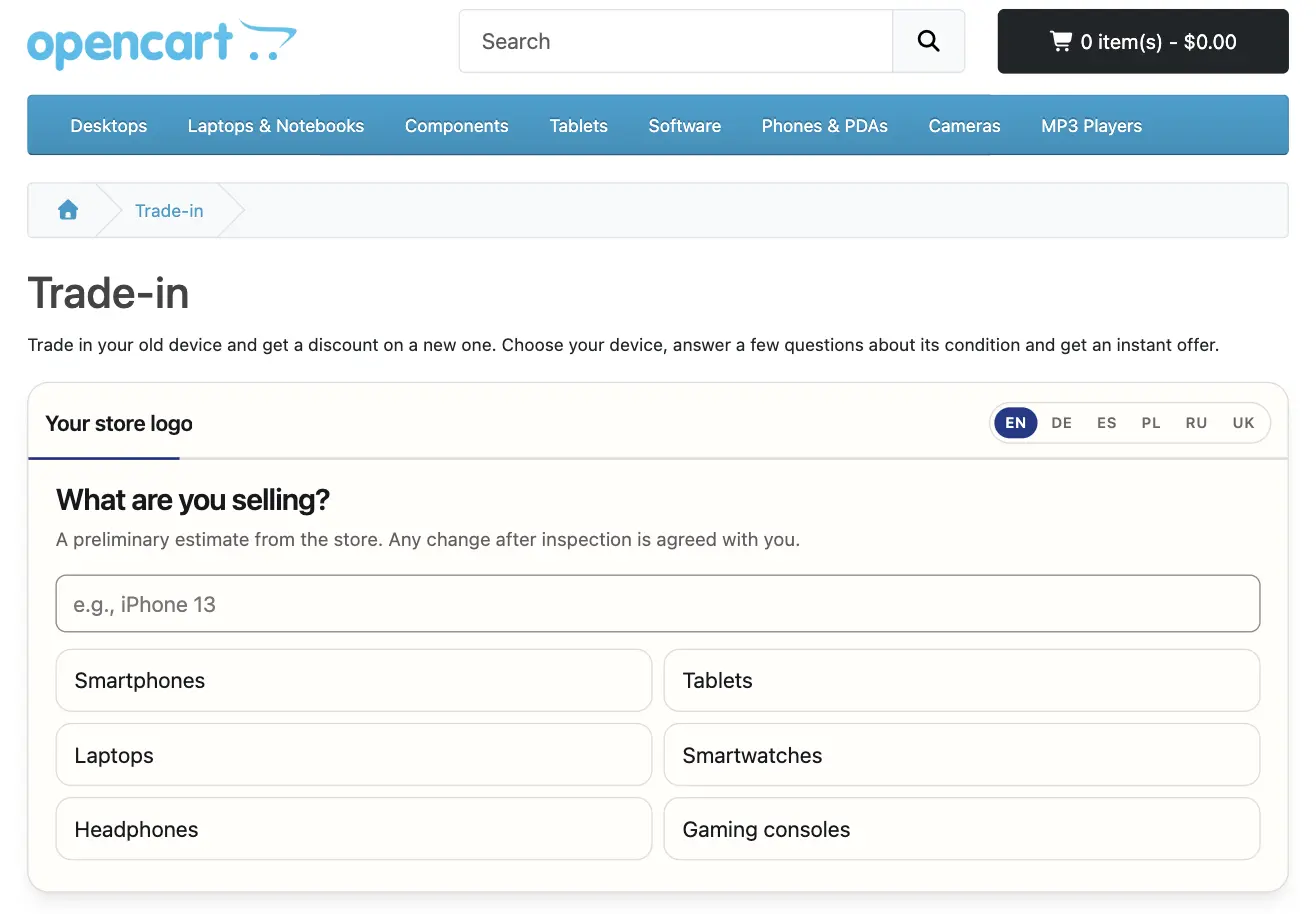 FastTradein widget on the published trade-in page of an OpenCart test store, first step “What are you selling?”