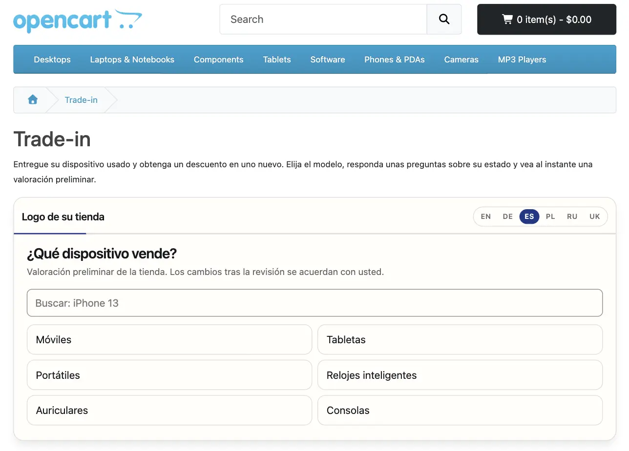 Widget de FastTradein en la página de trade-in publicada de una tienda de prueba OpenCart, primer paso «¿Qué dispositivo vende?»