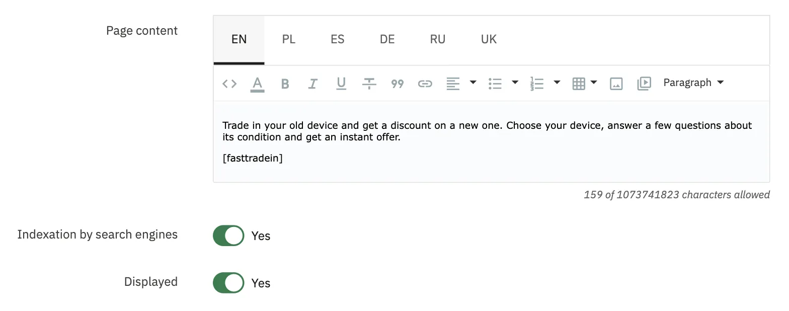 The Trade-in page in Design → Pages of the PrestaShop admin, with [fasttradein] on its own line in Page content