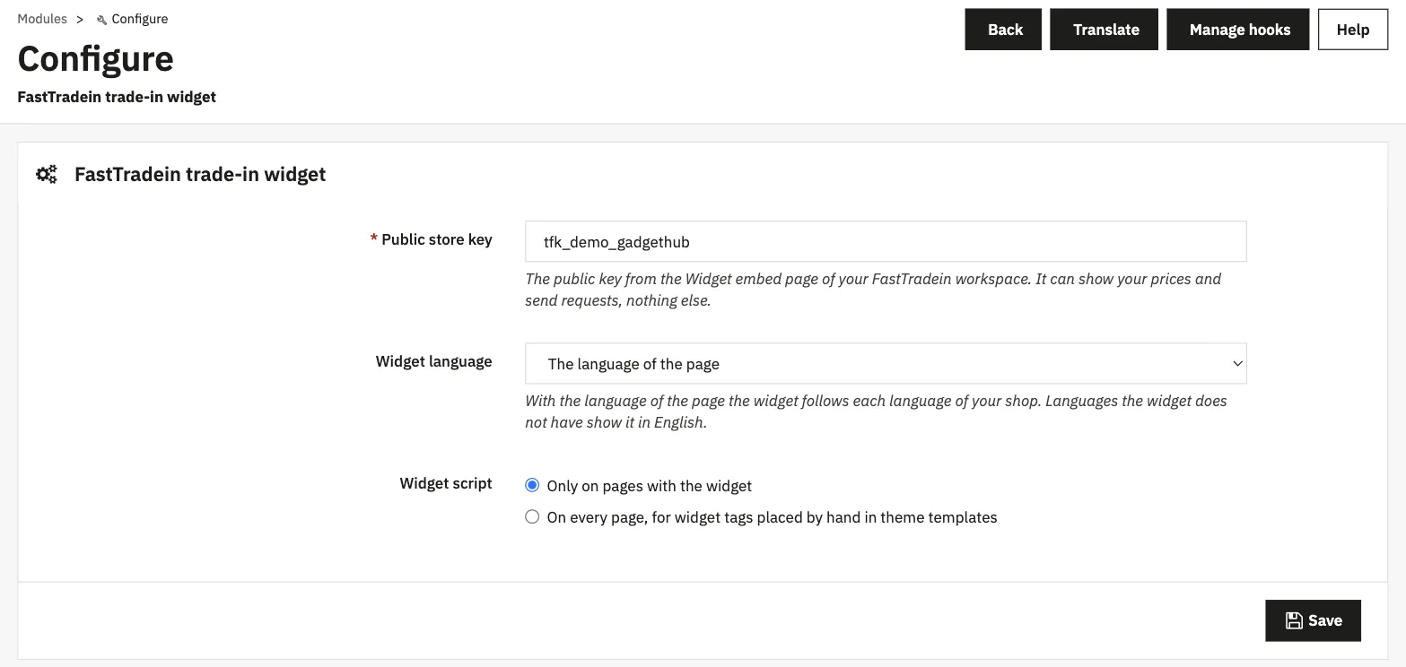 FastTradein module settings in the PrestaShop admin: the public store key, the widget language, and where the script loads
