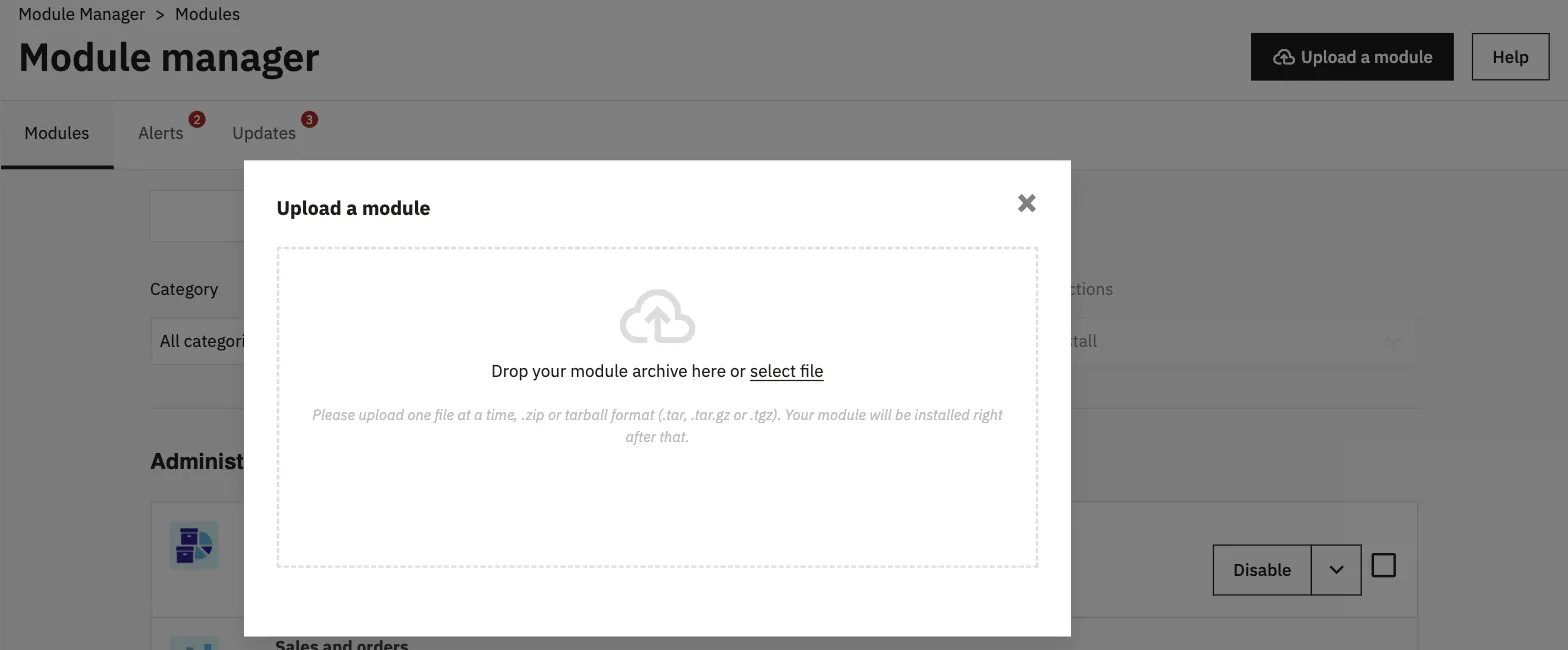The Upload a module window in the Module Manager of the PrestaShop 9 admin, for the FastTradein module archive