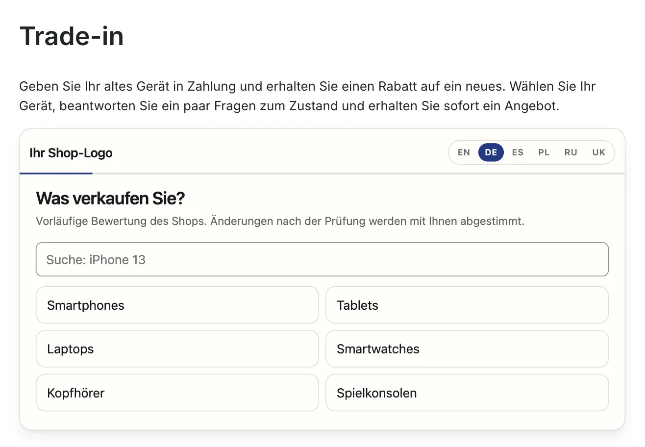 FastTradein-Widget auf der veröffentlichten Trade-in-Seite eines PrestaShop-Shops, erster Schritt „Was verkaufen Sie?“