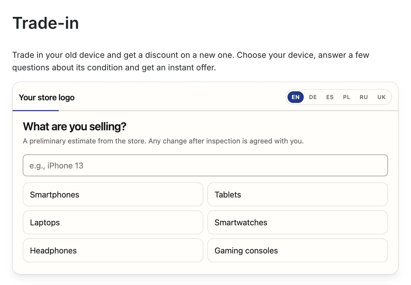 The FastTradein widget on the published Trade-in page of a PrestaShop store, first step “What are you selling?”