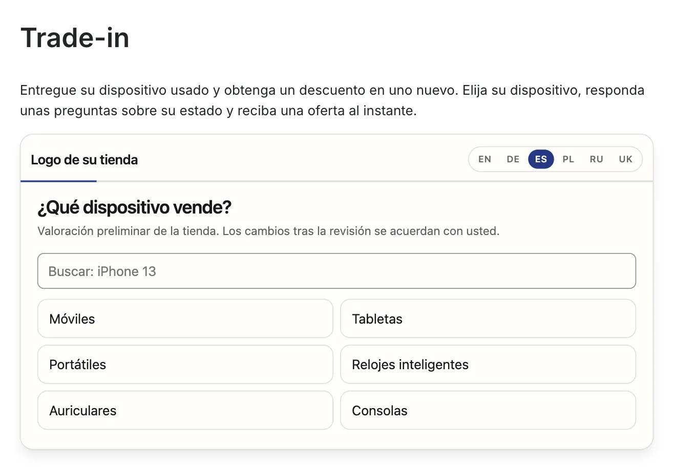 Widget de FastTradein en la página de trade-in publicada de una tienda PrestaShop, primer paso «¿Qué dispositivo vende?»