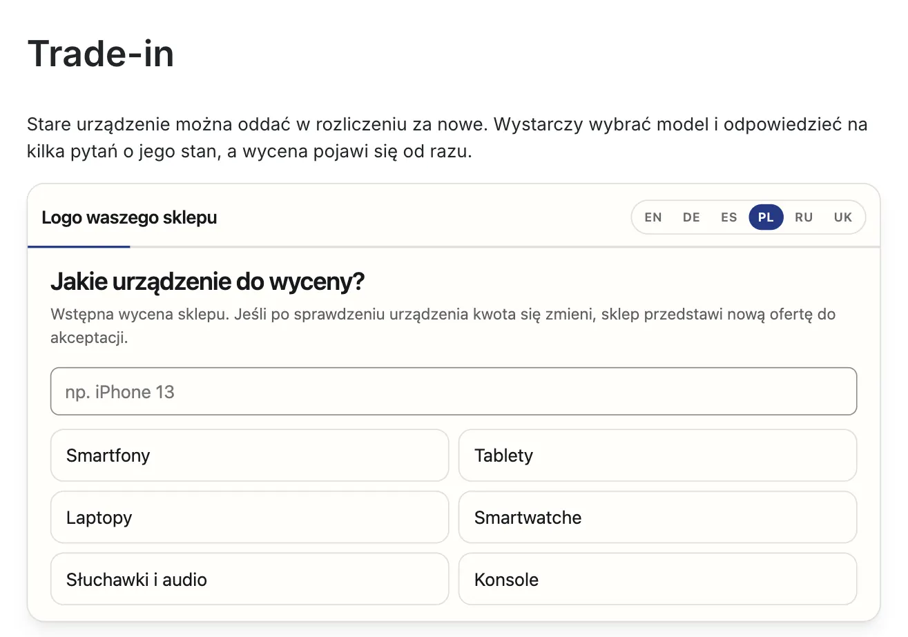 Widget FastTradein na opublikowanej stronie trade-in sklepu na PrestaShop, pierwszy krok z wyborem kategorii urządzenia