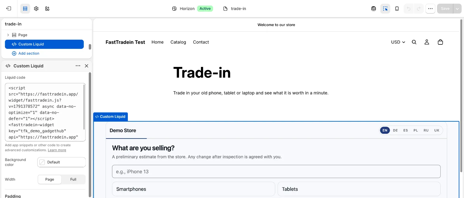 Shopify theme editor for Horizon, the trade-in page template with a Custom Liquid section holding the FastTradein widget code