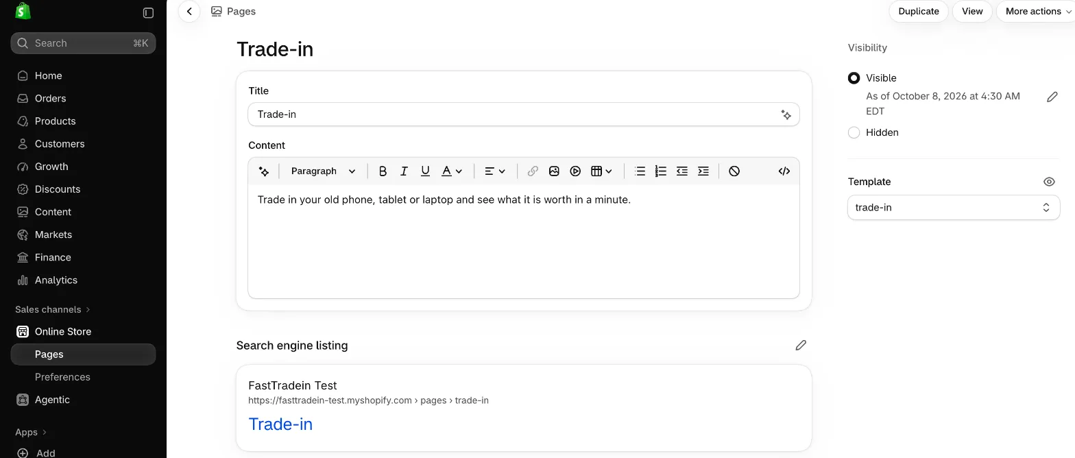 The Trade-in page in the Shopify admin with the trade-in template chosen in the Template field