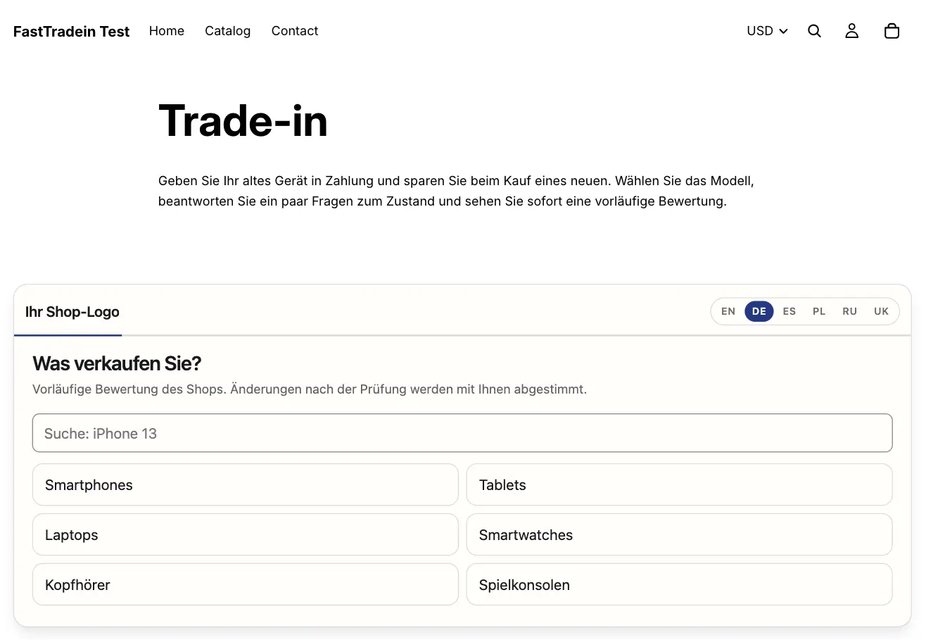 FastTradein-Widget auf der veröffentlichten Trade-in-Seite eines Shopify-Shops, erster Schritt „Was verkaufen Sie?“