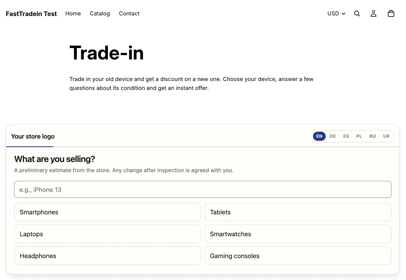 FastTradein widget on the published trade-in page of a Shopify store, first step “What are you selling?”