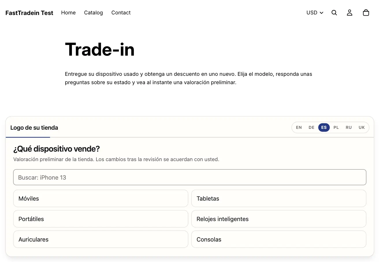 Widget de FastTradein en la página de trade-in publicada de una tienda Shopify, primer paso «¿Qué dispositivo vende?»