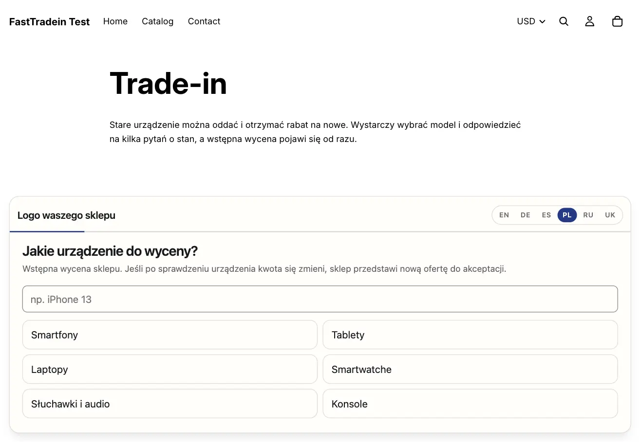 Widget FastTradein na opublikowanej stronie trade-in sklepu na Shopify, pierwszy krok z wyborem kategorii urządzenia