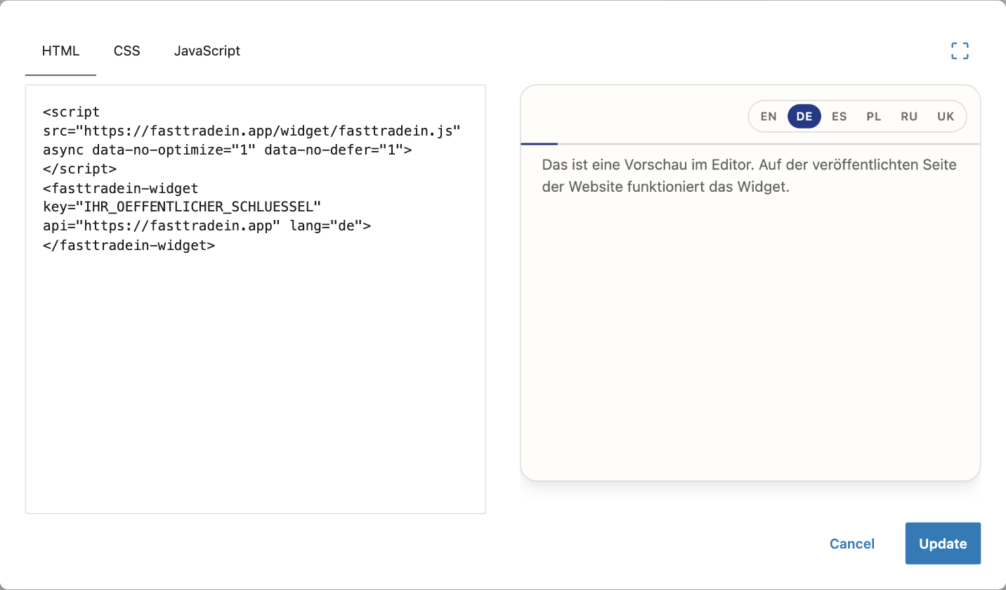 Fenster Edit HTML des Blocks Custom HTML in WordPress 7 mit dem FastTradein-Widget-Code und der Editor-Vorschau