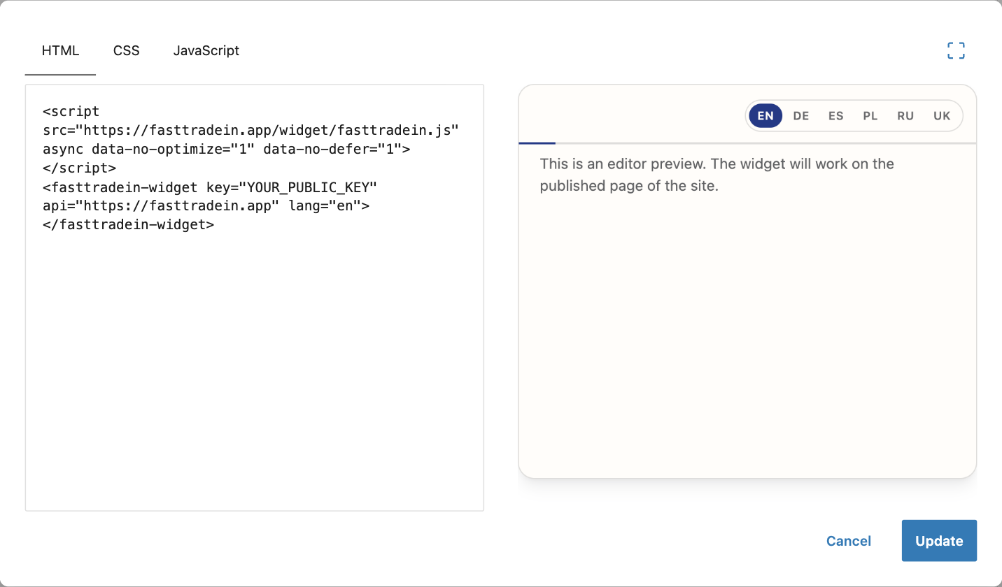 Edit HTML window of the Custom HTML block in WordPress 7 with the FastTradein widget code and the editor preview