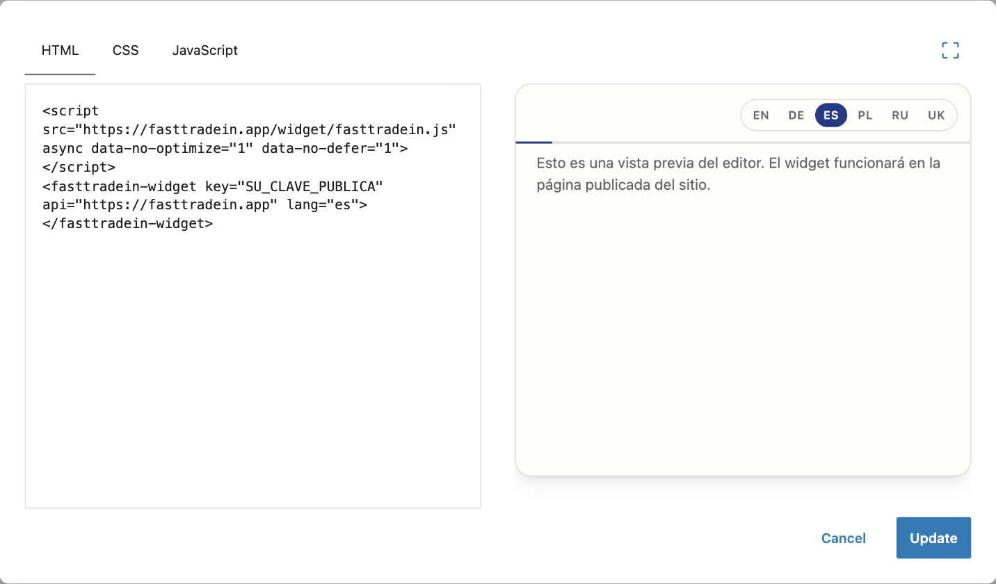 Ventana Edit HTML del bloque Custom HTML en WordPress 7 con el código del widget de FastTradein y la vista previa del editor