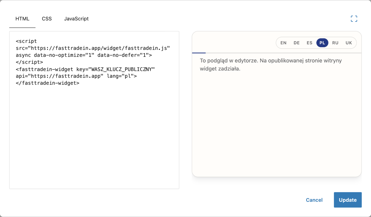 Okno Edit HTML bloku Custom HTML w WordPressie 7 z kodem widgetu FastTradein i podglądem edytora