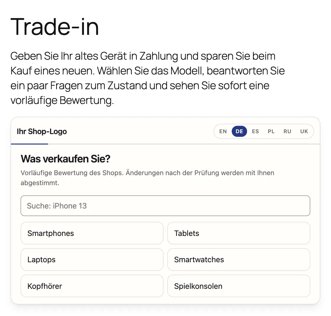 FastTradein-Widget auf der veröffentlichten Trade-in-Seite eines WooCommerce-Testshops, erster Schritt „Was verkaufen Sie?“