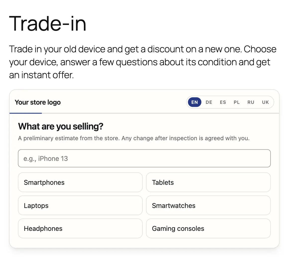 FastTradein widget on the published trade-in page of a WooCommerce test store, first step “What are you selling?”