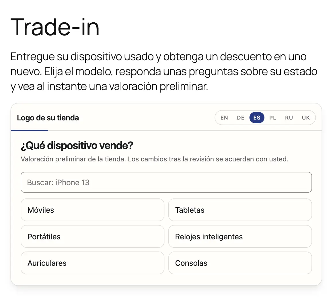 Widget de FastTradein en la página de trade-in publicada de una tienda de prueba WooCommerce, primer paso «¿Qué dispositivo vende?»