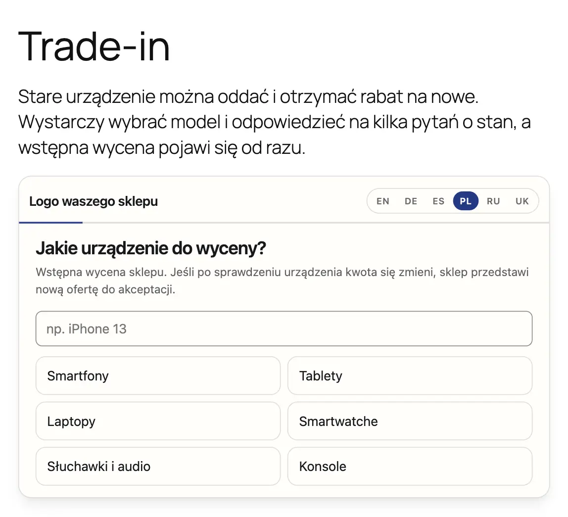 Widget FastTradein na opublikowanej stronie trade-in sklepu testowego WooCommerce, pierwszy krok z wyborem kategorii urządzenia