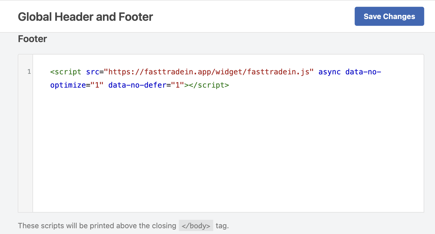 WPCode plugin, Header & Footer page, Footer field with the FastTradein widget script line